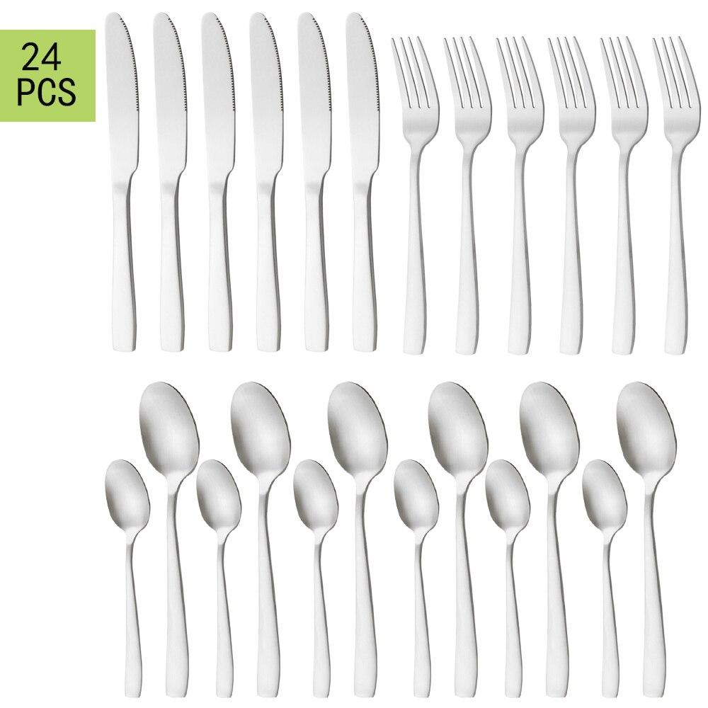 24 шт. черная посуда из нержавеющей стали, столовые приборы, обеденный нож, ложки, вилка, десертные ложки, западная серебристая посуда, набор кухонной посуды