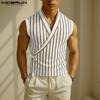 Summer Men V Neck Sleeveless Side Lace-up Striped Print Casual Tank Tops