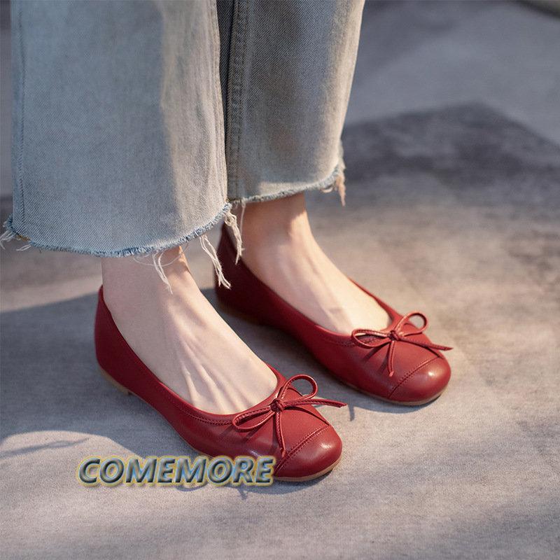 Балетки на плоской подошве, женские классические повседневные лоферы, элегантные красные модные легкие туфли с бантом для женщин, весна/осень, ПУ
