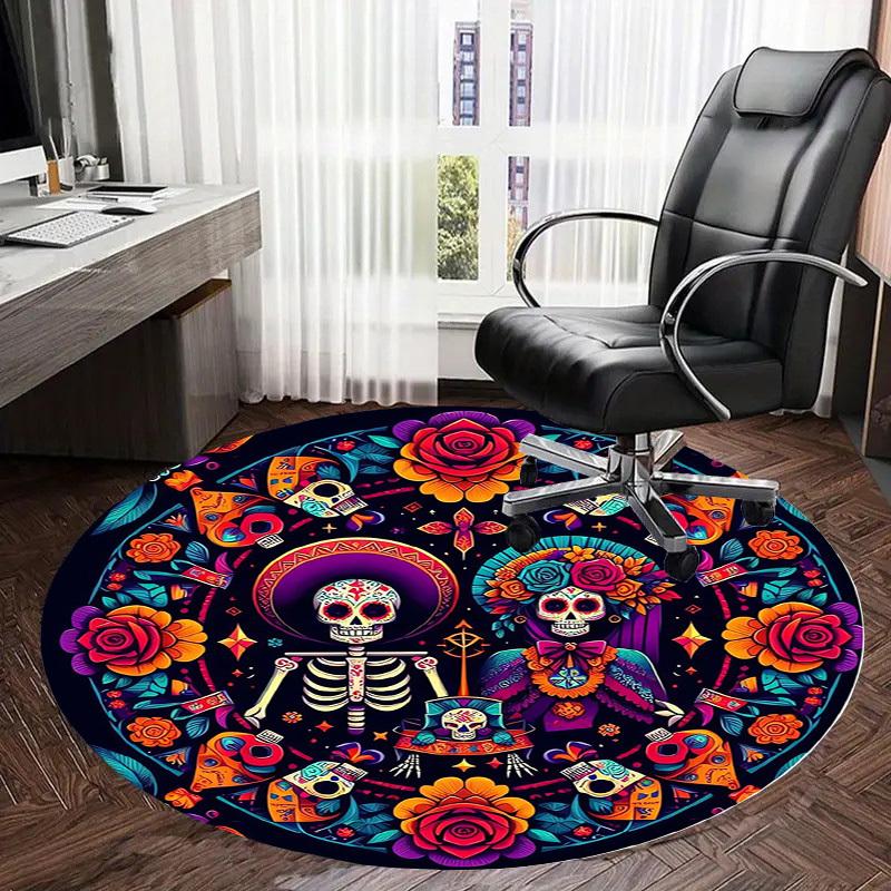 1pc Day of the Dead Celebration Round carpet, Made of Polyester,Perfect for Decorating Office Chairs, Living Rooms,Vibrant Decorative Rug