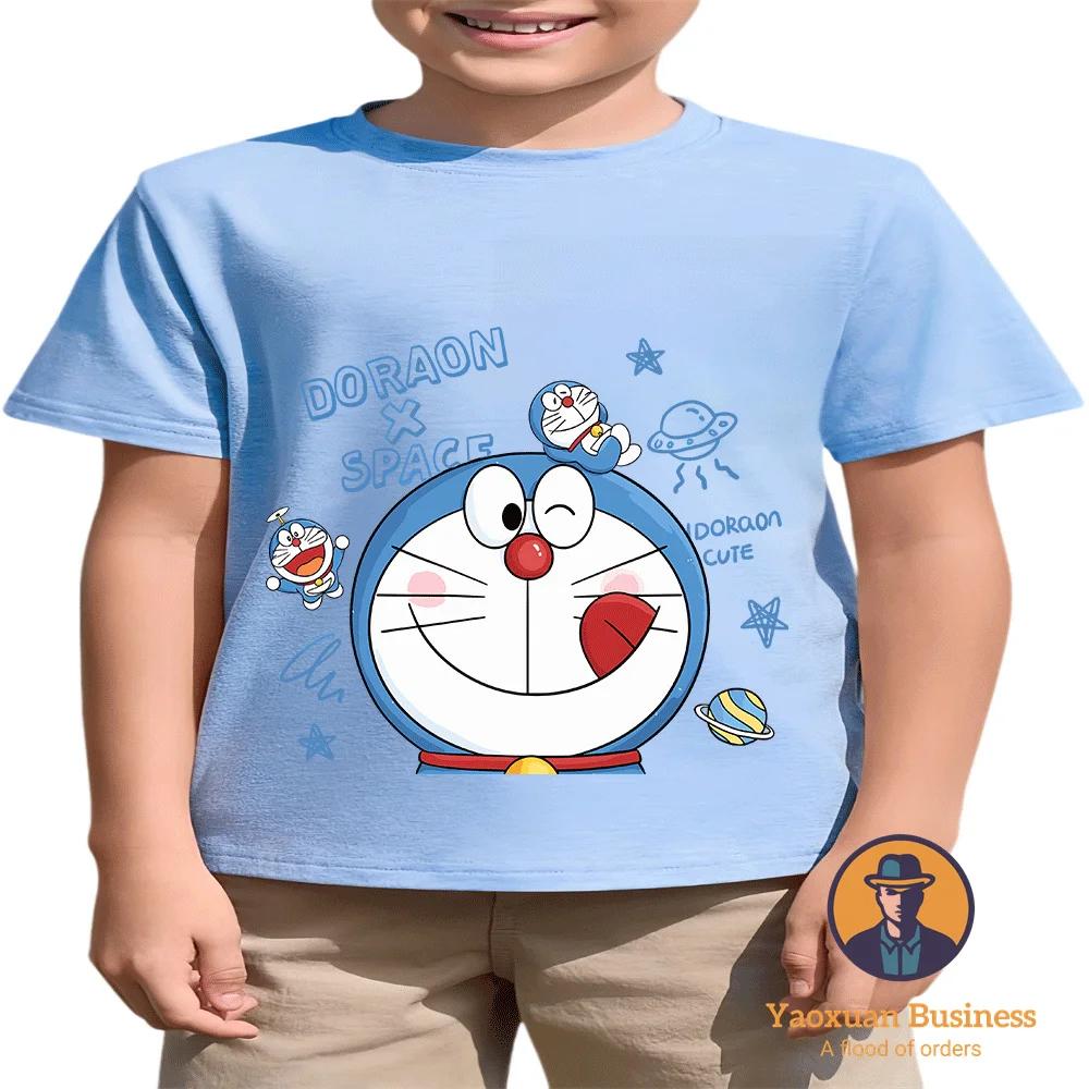 Классическая аниме-футболка с круглым вырезом Doraemon для мальчиков и девочек, летняя