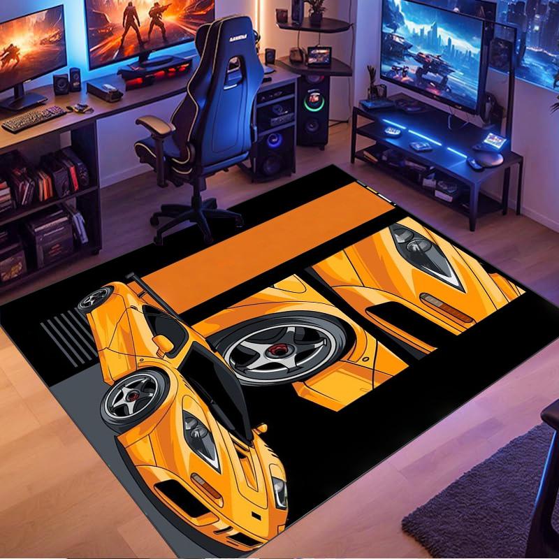 Orange Retro Sports Car Black Background Strip Comic Print Area Rug Non‑Slip Rectangular Floor Mat Car Fan Decor for Gaming Room Living Bedroom