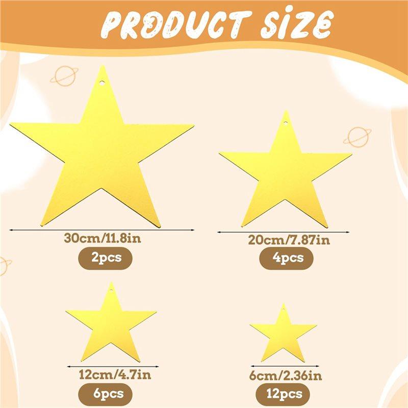A25F-48Pcs Gold Cardboard Stars, 4 Sizes Shining Cutouts Paper Stars With 164Ft Gold Line, Star Hanging Decorations For Party