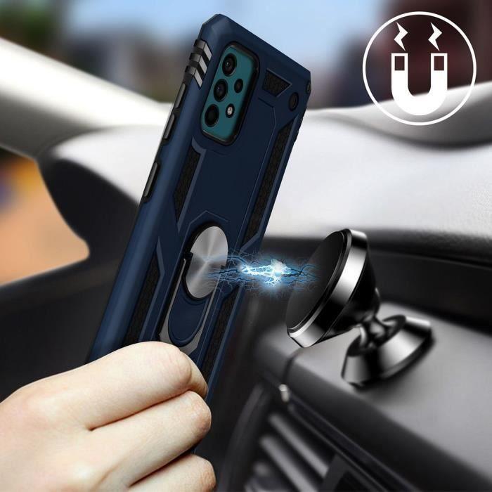 Coque pour Samsung A52 5G + Verre Trempé - Anneau Support Solide Bordure Renforcée Plaque Métallique Rigide - Bleu Marine