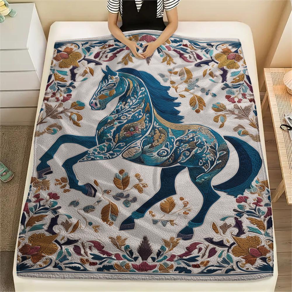Flower Horse Print Flannel Blanket, High quality Comfortable for All Seasons, Home Decor, Warmth and Comfort, Perfect for Christmas Gifts