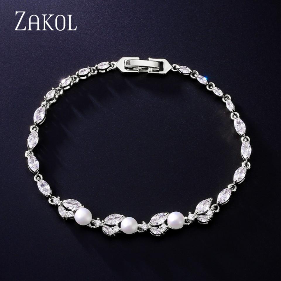 ZAKOL Новый Классический Браслет-Шарм с Листом, Цирконом и Имитацией Жемчуга для Женщин, Свадебный Браслет Невесты, Стильные Женские Украшения