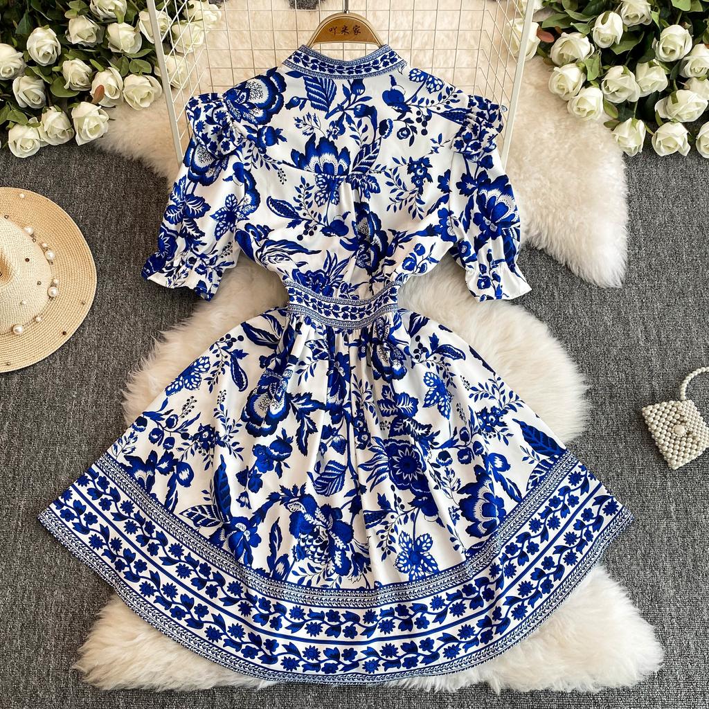 Летнее женское дизайнерское винтажное платье с принтом, элегантное однобортное вечернее платье с v-образным вырезом