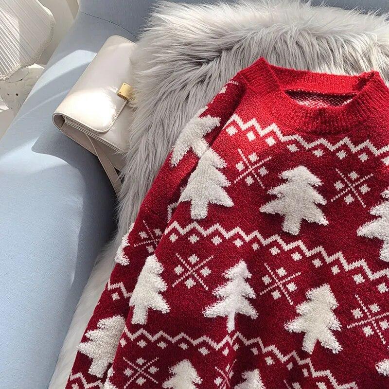 Рождественская елка свитера круглый вырез женские трикотажные пуловеры винтажные свободные джемперы фестивальные топы с длинным рукавом женские джемперы