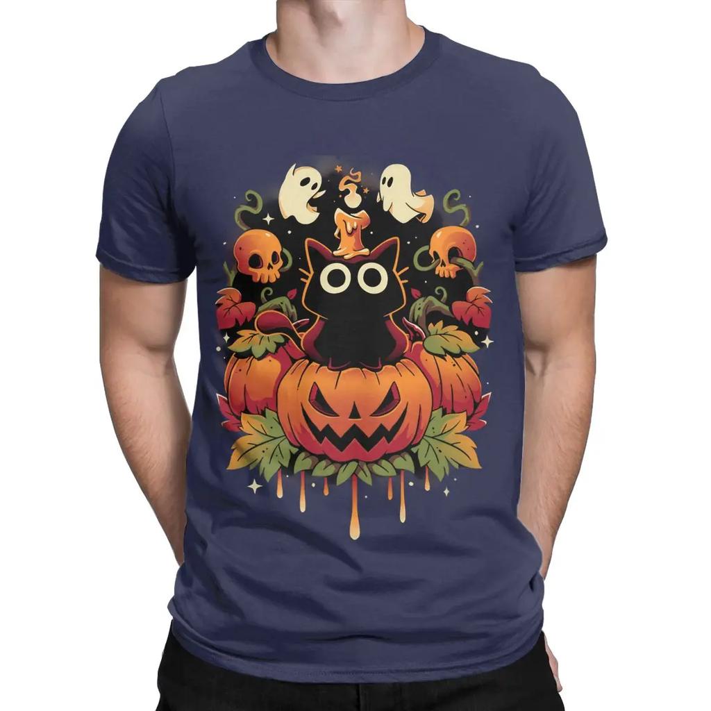 Novelty HALLOWEEN TRICK Black Cat T-Shirts Men Crewneck 100% Cotton T Shirts Cute Ghost Pumpkin Short Sleeve Tees Party Clothing