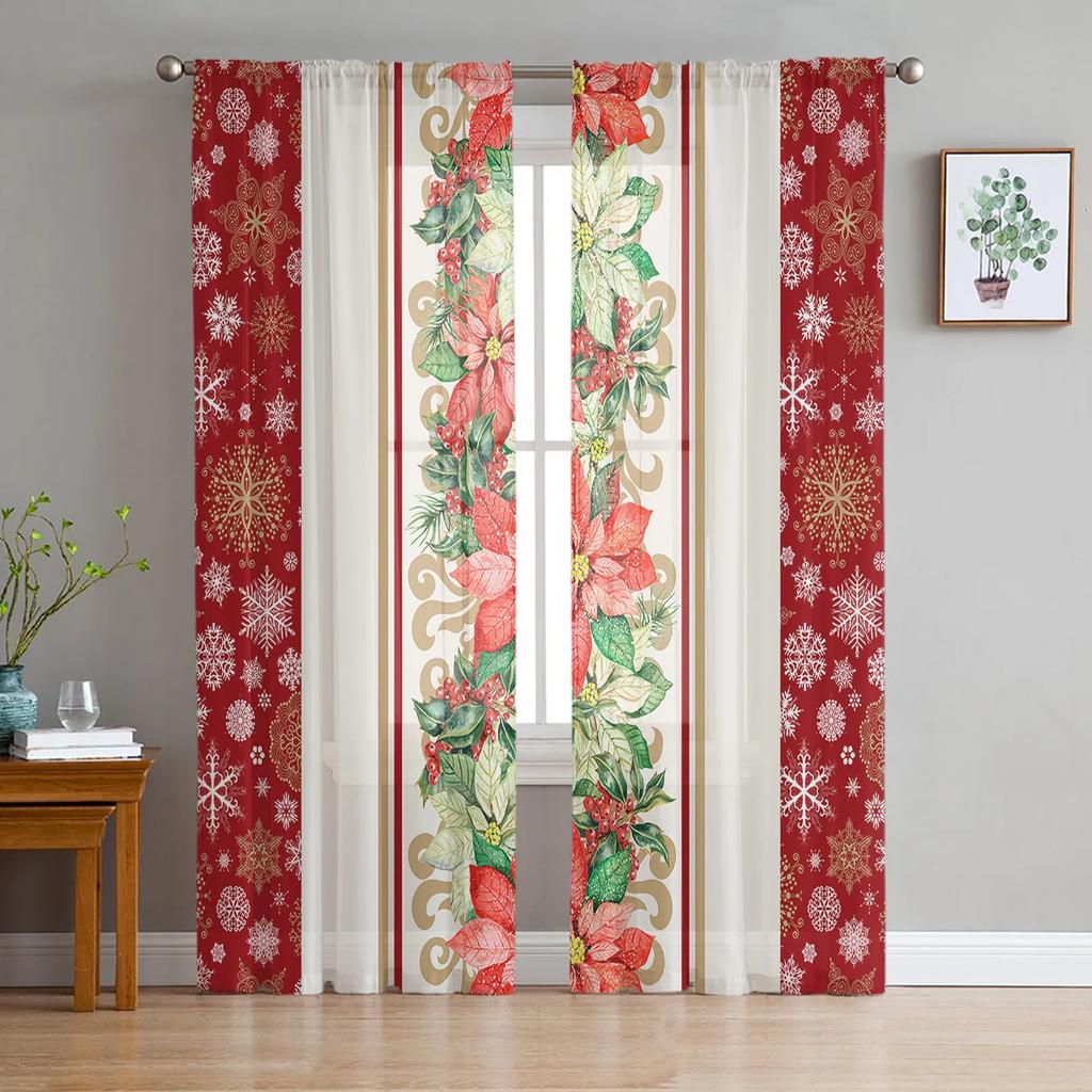 Christmas Wreath Sheer Curtains For Living Room Bedroom Balcony Transparent Window Blinds Kitchen Drapes