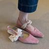 Bowknot Closed Toe Sandals Low Heel Summer Square Toe Shallow Mouth Temperament Flat Shoes Versatile No Tired Feet Single Shoes