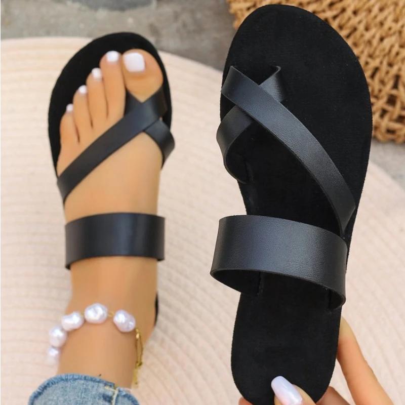 2024 Женские летние однотонные простые ретро туфли с ремешком на щиколотке и круглым носком, с плоским дном, большого размера, в римском стиле, удобные для женщин