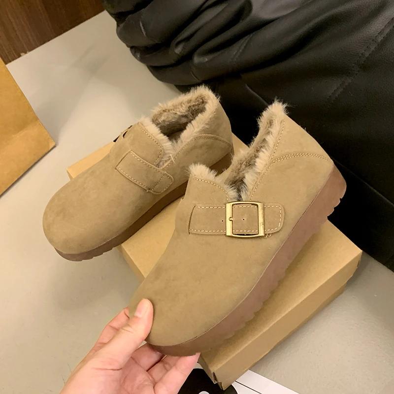 Модные женские модные плоские хлопковые ботинки Зимние новые с круглым носком из замши с металлическими толстыми подошвами Противоскользящие износостойкие низкие ботинки