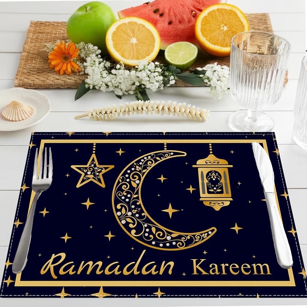 4/6pcs Black Golden Moon And Stars Lantern Placemats for Eid Mubarak Blessing, Seasonal Everyday Holiday Decor for Home Kitchen Restaurant Party