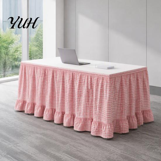 Ruffled Desk Cover for Teachers Plaid Table Skirt, Durable Polyester with Hook And Organized Classroom Supplies Loop Fasteners, Decorative Party