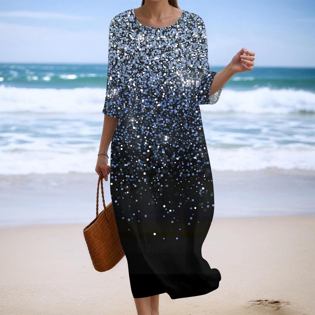 Женское модное платье свободного кроя с принтом, круглым вырезом и рукавом три четверти