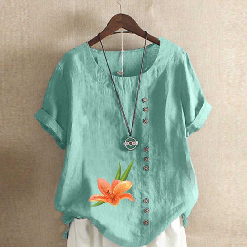 Women's Fashion Round Neck Short Sleeve T-shirt Casual Cotton Linen Graphic Shirt Flower Prined Summer Blouse Tops Plus Size