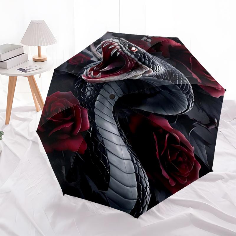 Black Snake & Red Roses: Automatic Opening/Closing Umbrella with Foldable Design, Iron Frame, Outdoor Use, Perfect Gift for Fans, Travelers,