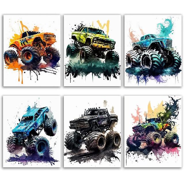 Monster Truck Posters Wall Art Prints for Boys Room Decor,Watercolor Monster Truck Car Posters For Boys Kids Room Decorations,Nursery Kids Room