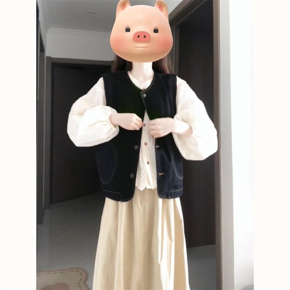 Женский осенний французский милый короткий джинсовый кардиган-жилет с полуюбкой и комплектом белой рубашки с длинным рукавом