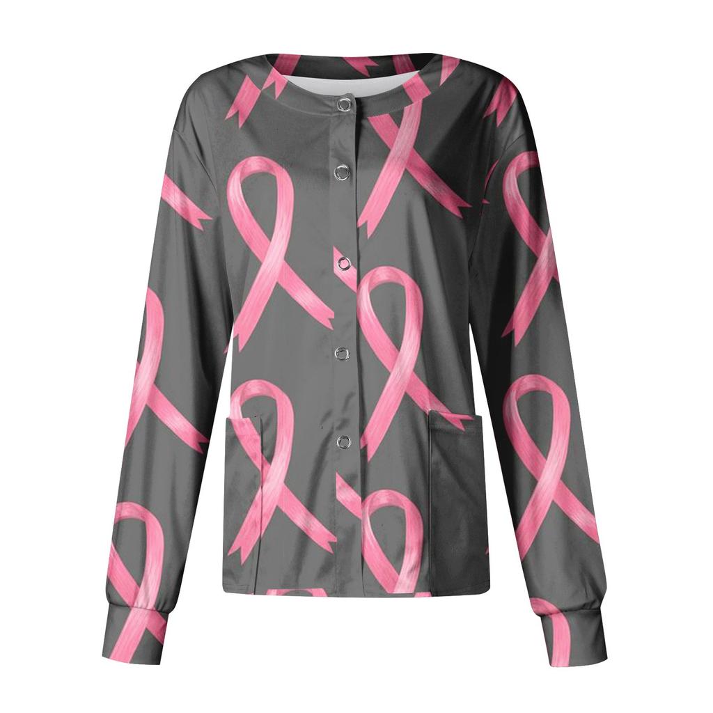 Women's Fashionable Casual Pocket Long Sleeved Themed Printed Round Neck Top