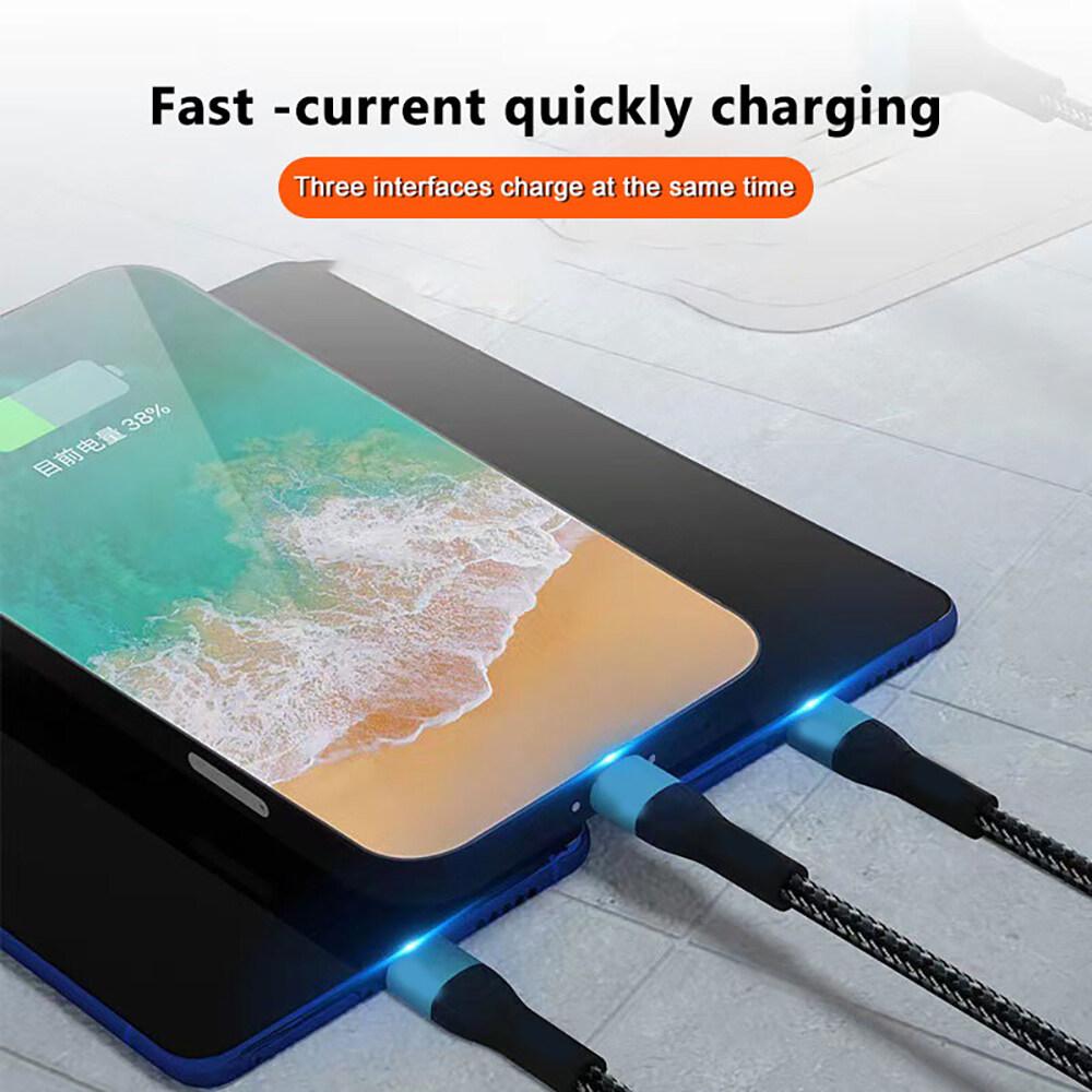 120W 3 In 1 Super Fast Charging Micro USB Type C Lightning Charger Data Cable Cord Cord