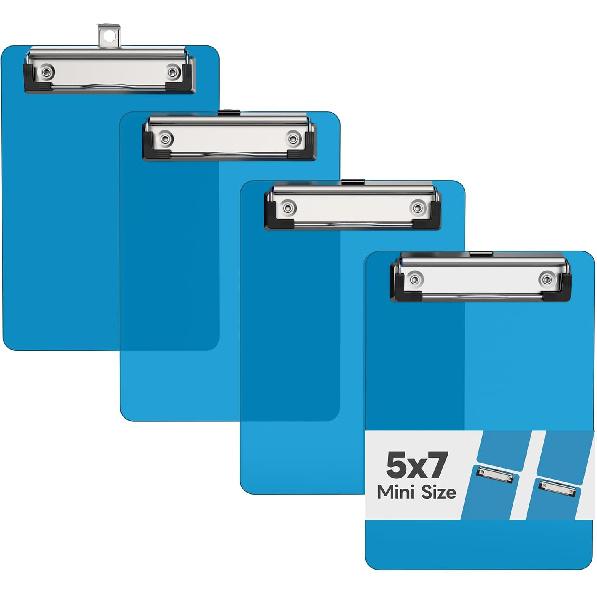 Mini Clipboard Set of 4, 5 x 7 Plastic Small Clear Clip Boards with Low Profile Clip, Memo Size for Classroom, Teacher, Students, School & Office