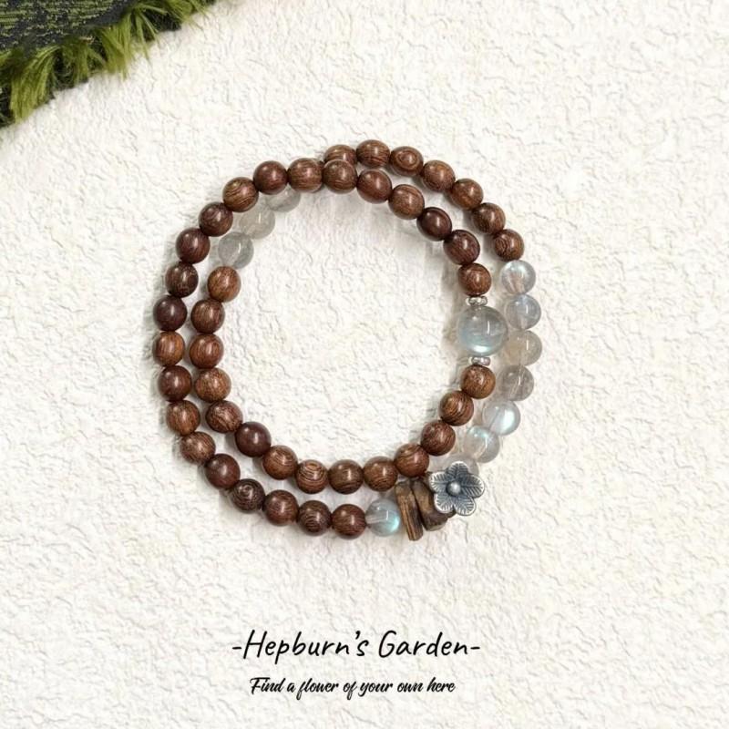 Natural Sandalwood Grey Moonstone Double Circle Bracelet New Chinese Style Women