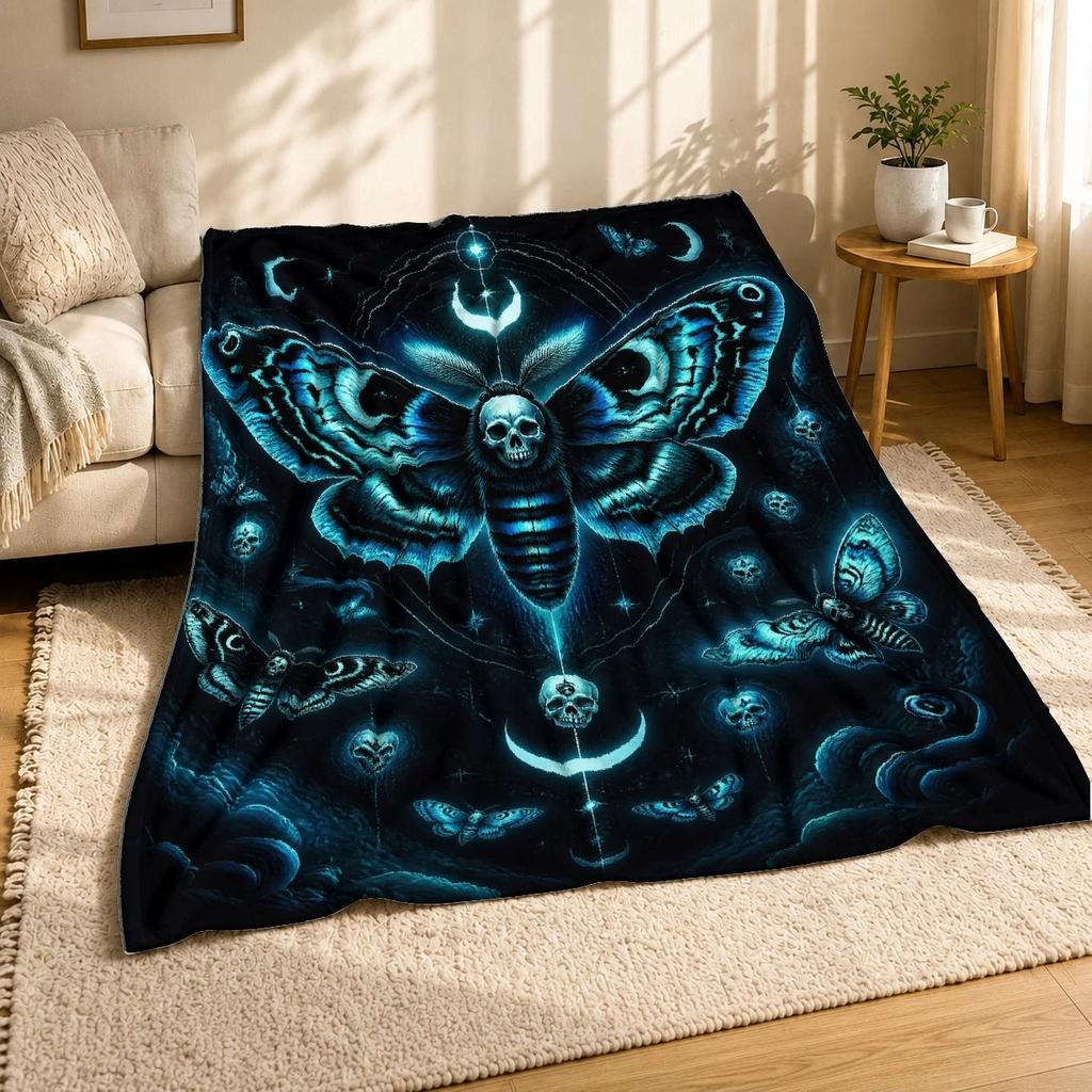 Skull Death Moth Moons Coral Fleece Blanket Gothic Celestial Decor