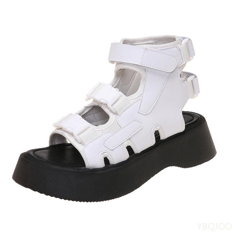 Женские новые туфли-муффины на толстой подошве, лето 2024, студенческие туфли на 2 танкетках, женские туфли с открытым носком, сандалии на крючках и петлях