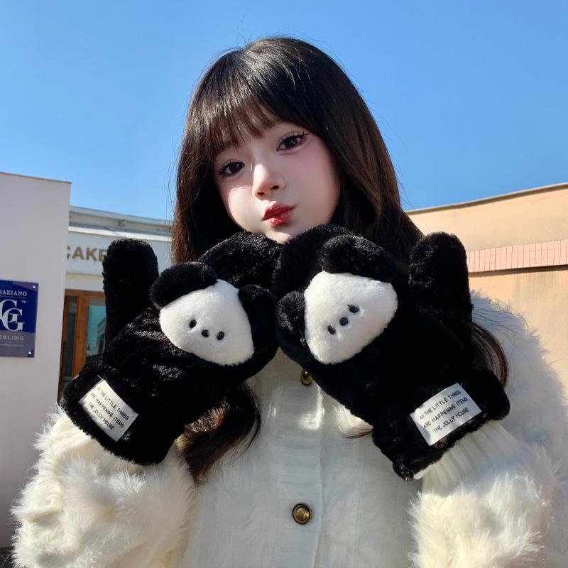 Милые пушистые перчатки-щенки для девочки, зимние перчатки для верховой езды, непродуваемые перчатки, студенческие теплые перчатки, можно носить как хомут, толстый пес