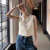Women'S French Round Neck Single-Breasted Double Pockets Sleeveless Casual Knitted Vest