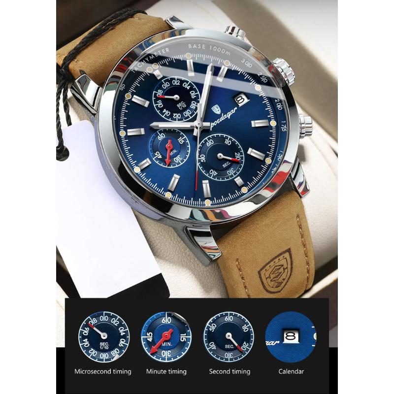 Новые мужские часы POEDAGAR Brand Luxury Leather Strap Водонепроницаемые спортивные кварцевые часы с хронографом, военные часы для мужчин