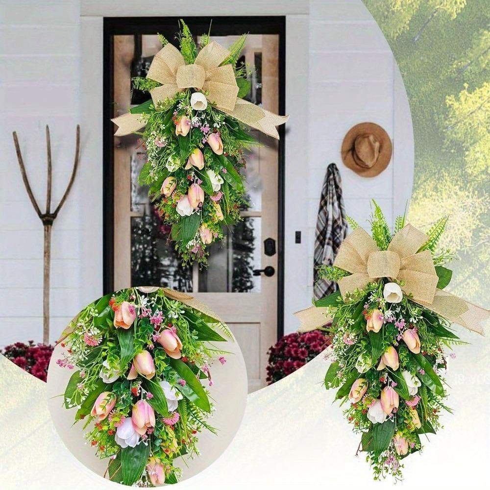 Тюльпановый венок Искусственный тюльпановый венок Цветочный венок Принадлежности для вечеринок Тюльпаны Каплевидный венок Имитация венков Весенний венок для камина Окна Стены