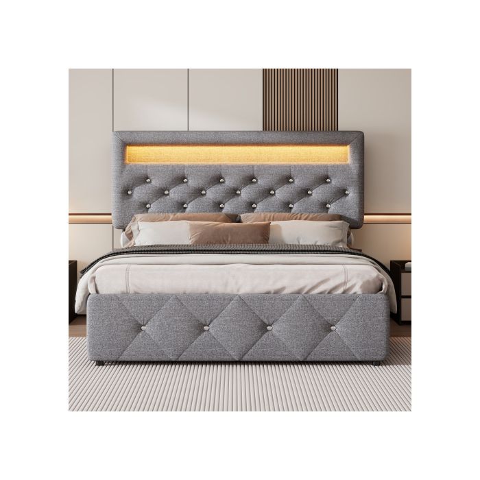 Lit rembourré - MUVOE - 140x200 cm - 2 tiroirs - Table de chevet avec lampe - Gris