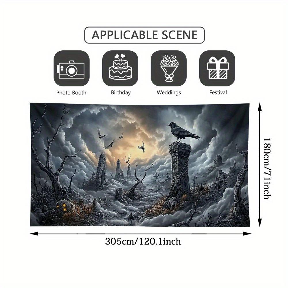 1pc Halloween Crow Ghost City Ruins Large Garage Door Cover -2D Flat Printing