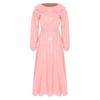 Women Waterproof Vinyl Crew Neck Ruffled Trim Long Sleeve Waist Cinch Swing Hem Midi Dress