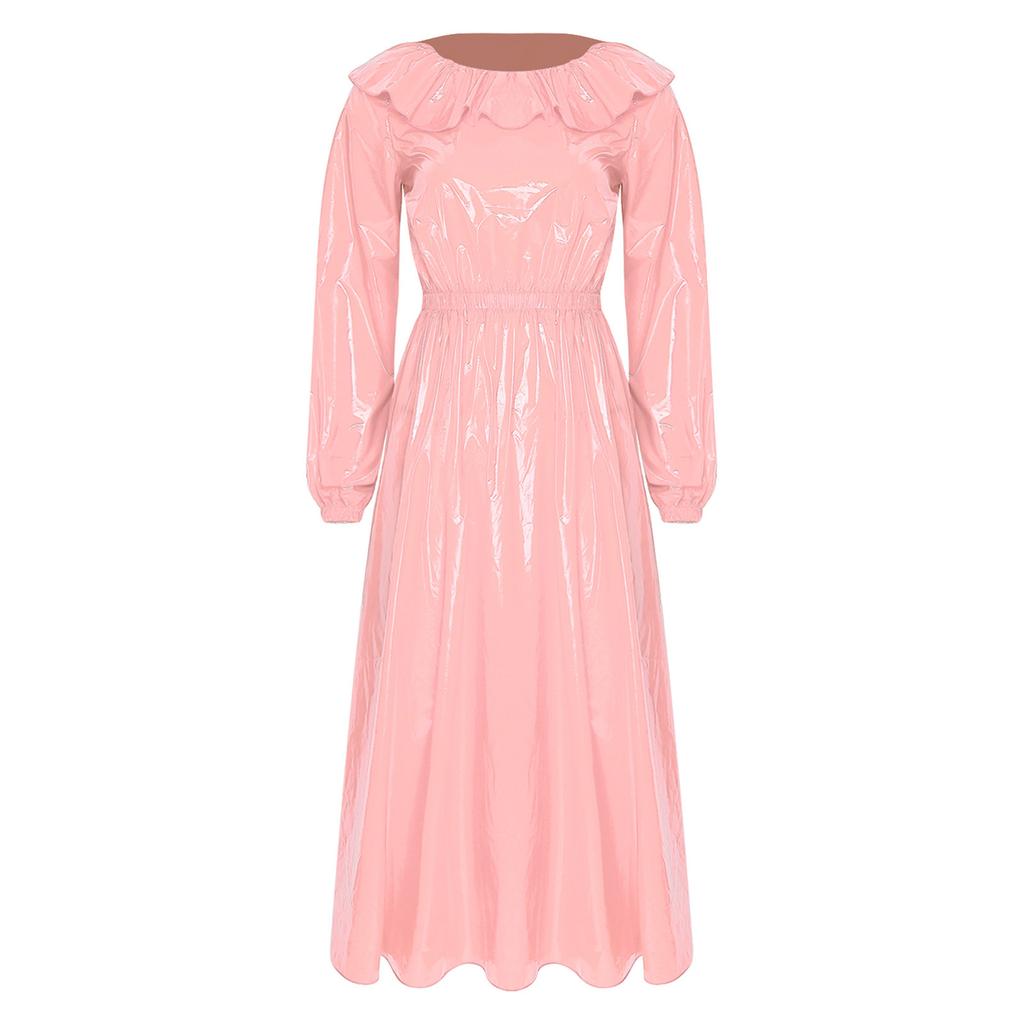 Women Waterproof Vinyl Crew Neck Ruffled Trim Long Sleeve Waist Cinch Swing Hem Midi Dress