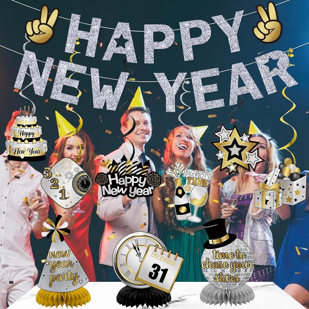 Happy New Year Banner Silver: Glitter New Years Eve Party Supplies 2026 Happy New Years Decorations 2026 Nye Party Home Office Decorations Supplies