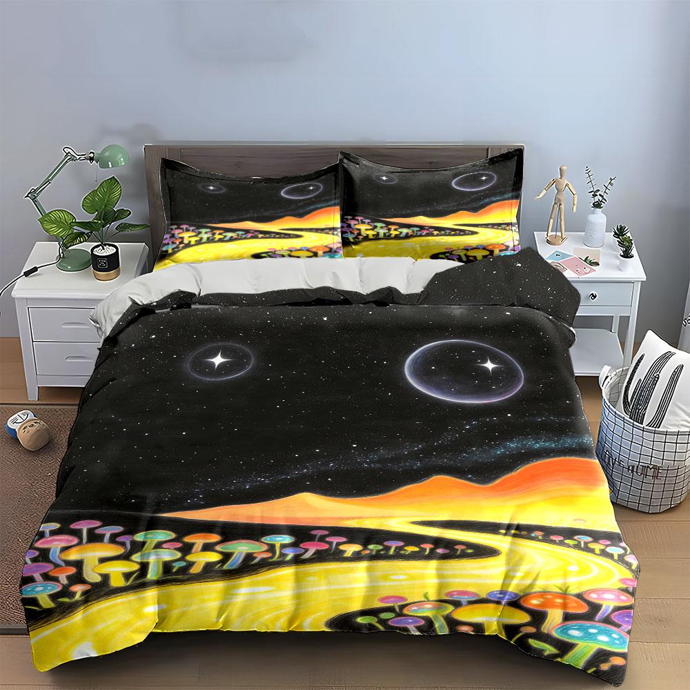 Colorful mushrooms and planets. Bedding sets Duvet cover sets Duvet covers Pillowcases(1 * Duvet Cover 2 * Pillowcases without duvet insert)
