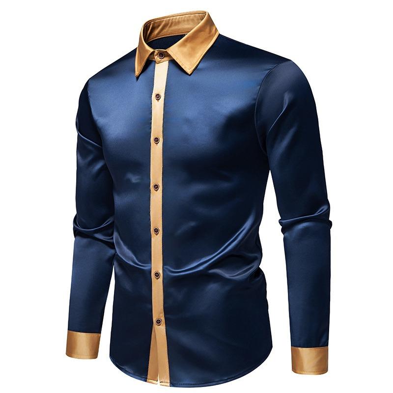 Men S Fashion Satin Smooth Color Block Long Sleeve Shirt