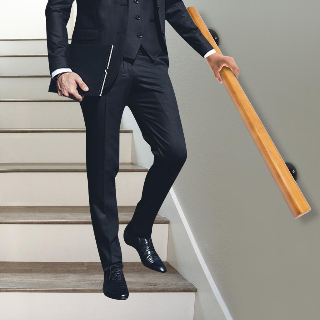 4FT Bracket Solid Wood Stair Handrail, Non-Slip Interior Staircase Safety Railing, Premium Pine Wood Guardrail Support System