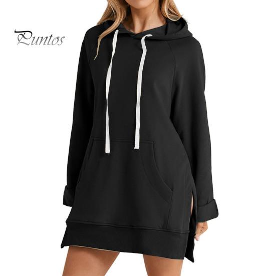 Женское платье с капюшоном, свободный однотонный цвет, с разрезом, завязками на талии, с большим карманом, с капюшоном, средней длины, для поездок на работу, свиданий, спортивная толстовка с капюшоном