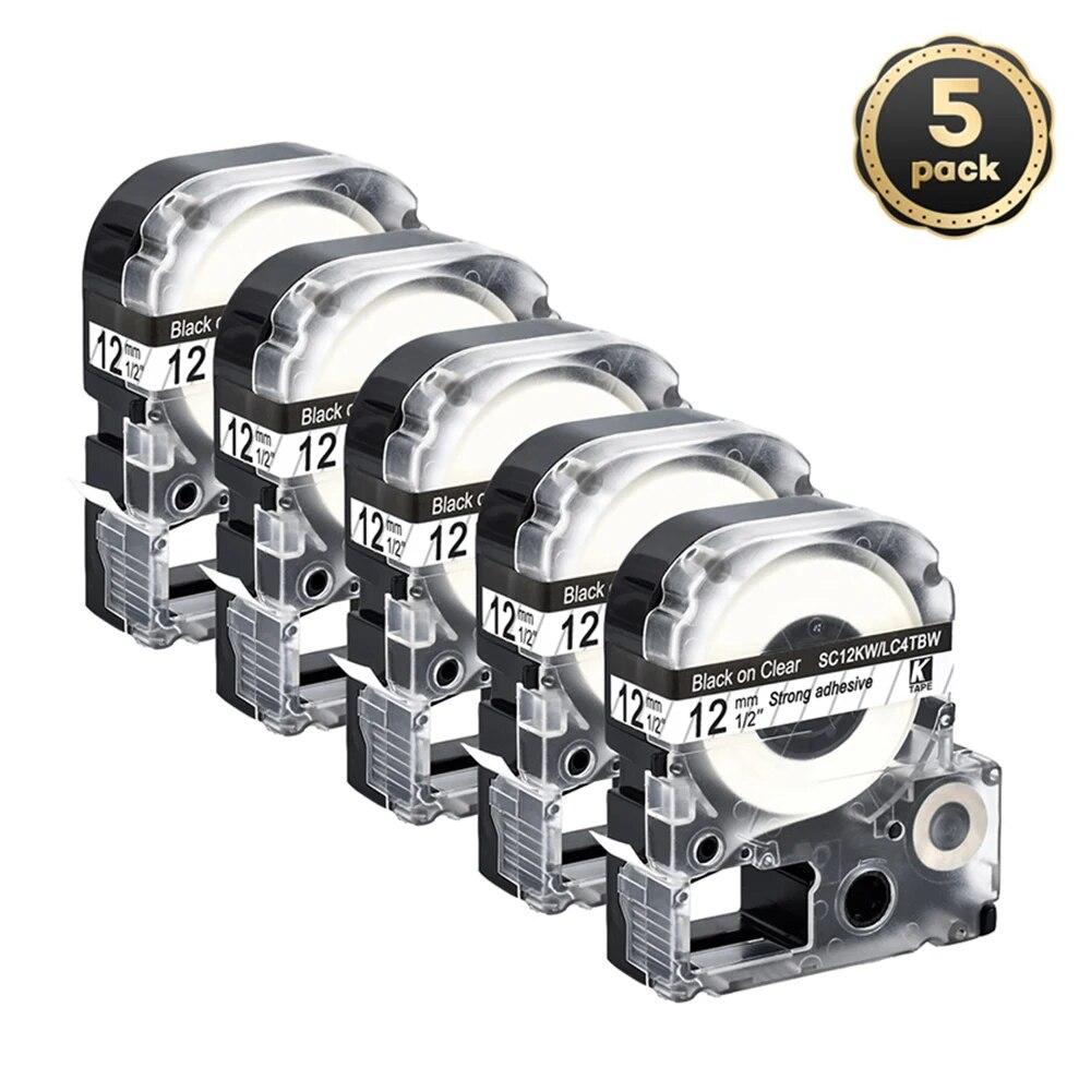 5 упаковок, 12 мм, черный на белом, совместимые этикетки Epson LC-4WBN/SS12KW SC12RW SC12YW ST12KW для принтера Epson LW300 LW400 500 600