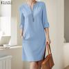 Women Casual V-Neck Summer 3/4 Sleeve Plain Dress
