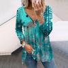 Women Autumn Floral Blue Shiny Chrysanthemum Printed Long Sleeve T-Shirts Loose V-Neck Plus Size Tee Shirt Tops Comfy Blouse