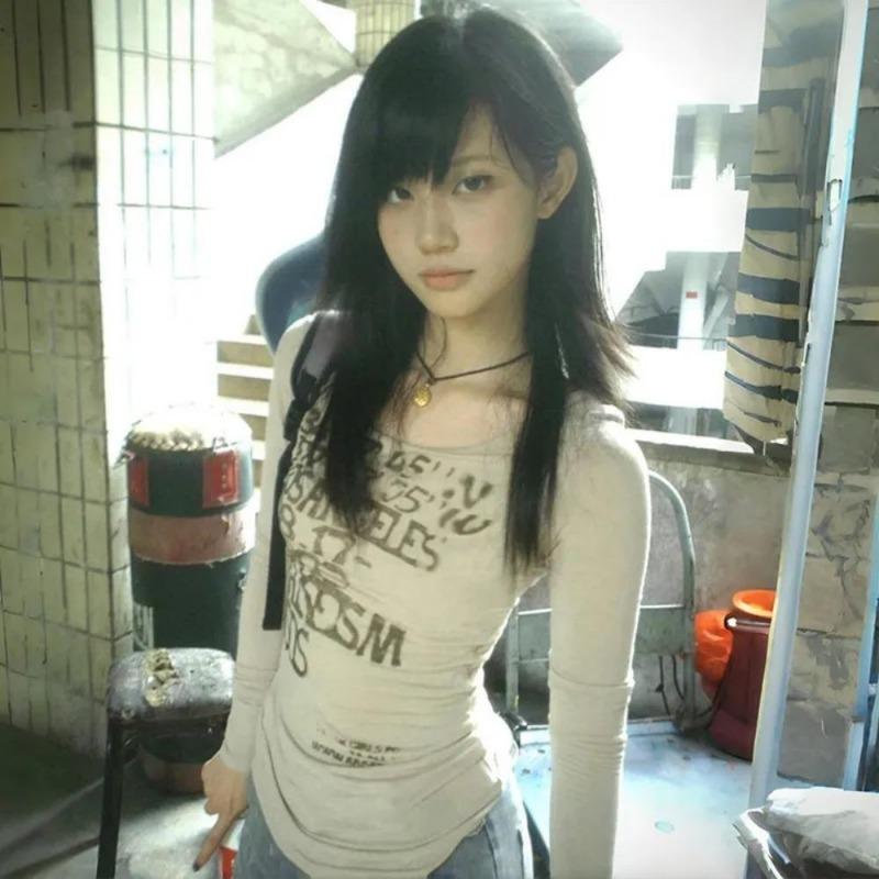 2KWEIRD Японская футболка Y2k с принтом букв, в стиле трэш 2000-х, с длинным рукавом, рубчатый топ, винтажная уличная одежда Харадзюку, американский ретро