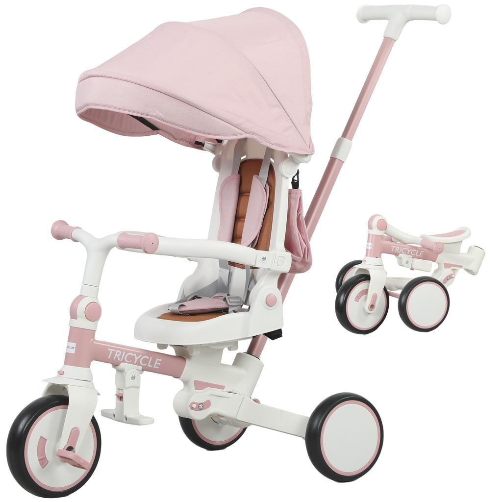 Children's Tricycle, Convertible Baby Buggy, 5-in-1, Push Handle, 1-3 Years, Pink