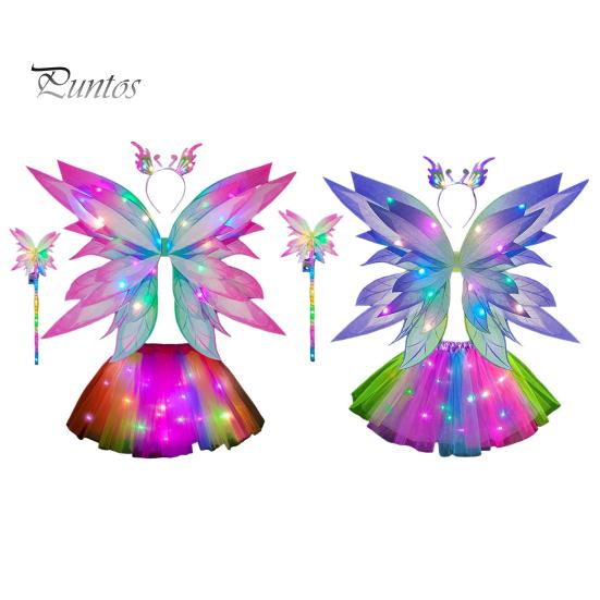 Wings Butterfly Led Glowing Fairy Costume Set For Girls Lightup Tulle Skirt Wand Headband Cosplay Party Favor Christmas Outfit