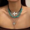 European and American Jewelry Retro Imitation Turquoise Sweater Chain Niche Beaded Necklace Set Ethnic Style Cactus Necklace Decoration